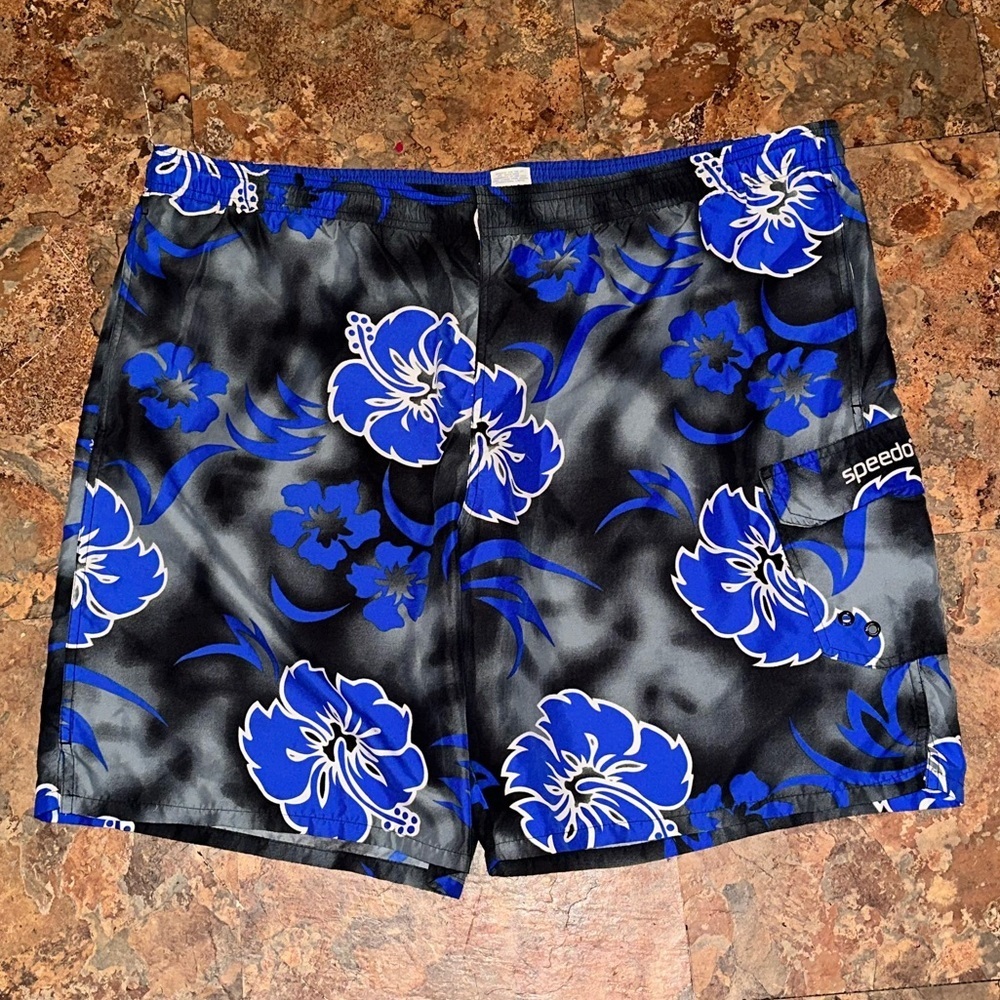 Speedo Men’s Black Gray Blue Tropical Floral Swim Trunks Size Large - Picture 1 of 1